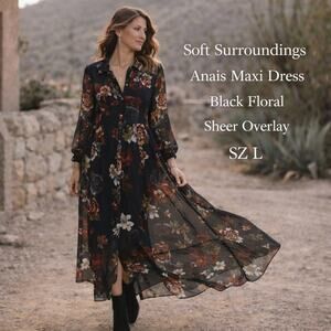 Soft Surroundings Anais Maxi Dress L Black Floral Whimsigoth Dark Romantic